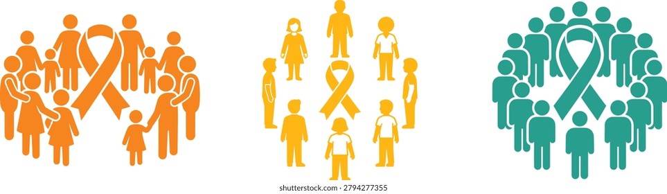 A set of icons featuring people and ribbons in orange, yellow, and teal colors for World Suicide Prevention Day awareness campaigns and materials