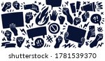Set of icons featuring raised up fists, hands holding banners, taking photos, angry speech bubbles. Protest, demonstration, manifestation themed concept background. Vector illustration.