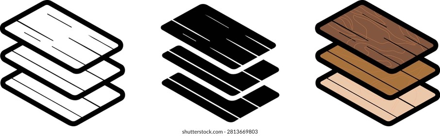 A set of icons featuring stacked wooden planks in isometric view. The collection includes outline, solid black, and detailed brown wood grain versions showing layered timber materials.