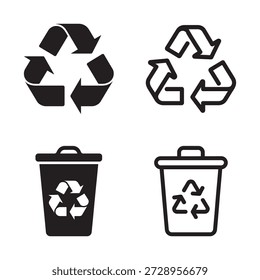 Set of icons featuring the universal recycling symbol and trash bins with the recycle logo, promoting eco-friendly habits.