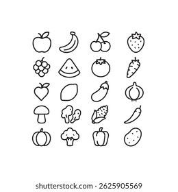 A set of icons featuring a variety of fruits and vegetables in a simple and modern design, perfect for graphic projects, apps, and branding.