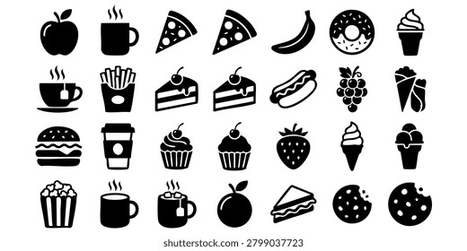 A set of icons featuring various food items and a hot beverage on a white background. Various food items are arranged on a table indoors for consumption. A collection of various food and drink icons are displayed on a white background