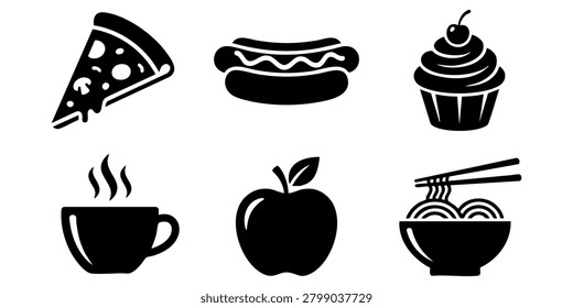 A set of icons featuring various food items and a hot beverage on a white background. Various food items are arranged on a table indoors for consumption. A collection of various food and drink icons are displayed on a white background