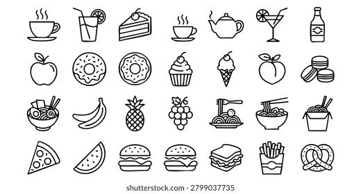 A set of icons featuring various food items and a hot beverage on a white background. Various food items are arranged on a table indoors for consumption. A collection of various food and drink icons are displayed on a white background