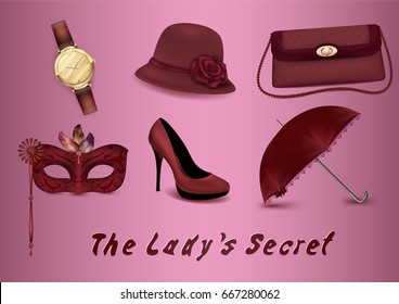 A set of icons of female accessories. A clock, a hat with a rose, a handbag, a mask with feathers, a slipper, a red umbrella. Stylish ladies kit. Evening festive and carnival accessories