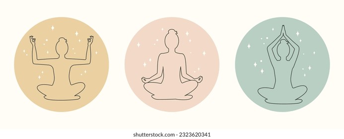 Conjunto de iconos con silueta hembra en posición de loto. La mujer medita, practica yoga. Símbolo, logotipo, emblema, icono para el diseño web, historias de medios sociales. El estilo moderno y minimalista de la ropa de cama. Estilo del vector boho