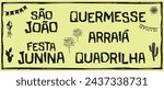 Set of icons for Festa Junina, Arraiá, São João, Festival and Quadrilha. flags and fireworks. Woodcut in the Brazilian cordel style