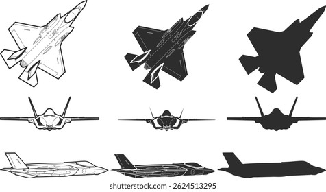 Set of icons of the fighter plane f35 line, silhouette, black color isolation, top, front and side view. F-35 Lightning II model. War plane icon