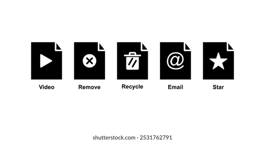 	
A set  icons for file video, remove file, delete file, email, favorite file. isolated on white editable background.	
