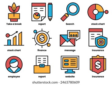 A set of icons for finance, insurance, and stock charts. The icons include a dollar sign, a computer monitor, a keyboard, a mouse, a book, a plant, a pen, and a magnifying glass