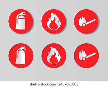 Set of icons for fire safety, fire protection. Fire, burning match, fire extinguisher. Round embossed buttons. The buttons are convex and concave.Collection of realistic 3D icons. Paper cutting.