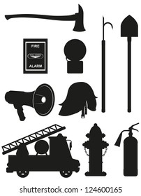 conjunto de iconos de los equipos de extinción de incendios silueta negra ilustración vectorial aislada en fondo blanco