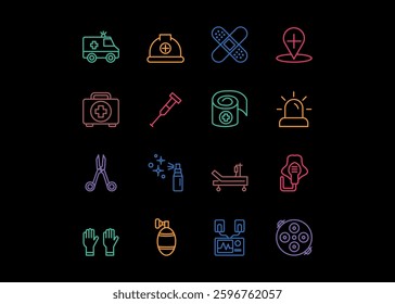 A set of icons for First aid and emergency equipment. The icons include a First Aid Kit, Ambulance, Crutch, Medical Scissors, Medical Gloves. Editable stroke. Vector illustration.