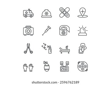 A set of icons for First aid and emergency equipment. The icons include a First Aid Kit, Ambulance, Crutch, Medical Scissors, Medical Gloves. Editable stroke. Vector illustration.
