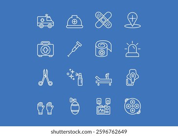 A set of icons for First aid and emergency equipment. The icons include a First Aid Kit, Ambulance, Crutch, Medical Scissors, Medical Gloves. Editable stroke. Vector illustration.