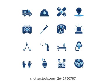 Un conjunto de iconos para primeros auxilios y equipos de emergencia. Los iconos incluyen un botiquín de primeros auxilios, ambulancia, muleta, tijeras médicas, guantes médicos. Sólido. Ilustración vectorial.	