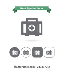 Set of icons with first aid kit, with text on green ribbon