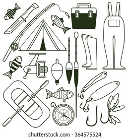 Set of icons for fishing and camping. Vector icons set  on a white background.