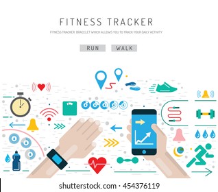 Set of icons fitness bracelet. Fitness tracker with alarm, pedometer, heart rate monitor, function. Sync bracelet and smart phone.