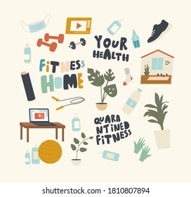 Set of Icons Fitness on Quarantine Theme. Home Sport Exercising, Workout during Covid Isolation and Lockdown. Medical Mask, Dumbbells and Laptop, Jumping Rope, Fitball. Linear Vector Illustration