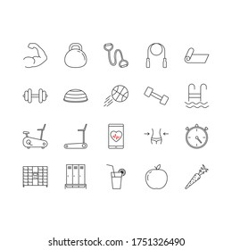 Set of icons Fitness and Sport. Collection Outline symbol gym and health care - muscles, swim, weight, cardio, time, weight lifting. Editable stroke. 