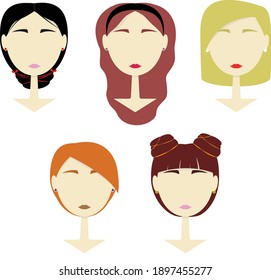 Set of icons of five girls with different hairstyles. Vector flat illustration. Design for icons, avatars, cards, posters.