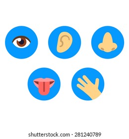 Set of icons of the five human senses: sight, smell, hearing, touch, taste.