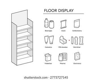 Set icons for five shelf side display sale point. Vector illustration on a white background. Can be use for template your design, promotion, advertising. EPS10.