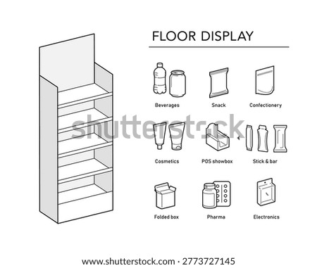 Set icons for five shelf side display sale point. Vector illustration on a white background. Can be use for template your design, promotion, advertising. EPS10.