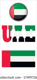 Conjunto de íconos de la bandera de los Emiratos Árabes Unidos sobre un fondo blanco. Imagen vectorial: bandera de los Emiratos Árabes Unidos, botón y abreviatura. Puede utilizar su sitio web, folletos impresos, folletos