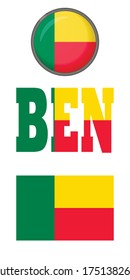 Set von Symbolen der Flaggen von Benin auf weißem Hintergrund. Vektorbild: Flagge von Benin, der Button und die Abkürzung. Sie können sie benutzen, um eine Website zu erstellen, Broschüren auszudrucken oder ein Reiseführer zu erstellen.