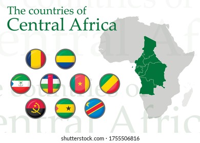 Set of icons for flags of Central Africa. Vector image of flags and maps of Africa on a white background. You can use it to create a website, print brochures, booklets, flyers, and travel guides