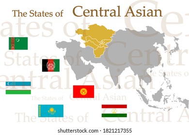 A set of icons for flags of Central Asian countries. Vector image of flags and geographical map of Asia on a white background. You can use it to create a website, print brochures, booklets, leaflets.