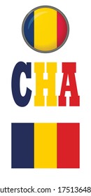 Set of icons of the flags of Chad on a white background. Vector image: flag of Chad, the button and the abbreviation. You can use it to create a website, print brochures or a guide book.