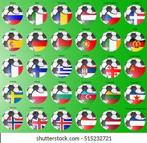 Set of icons. Flags of the Europe with soccer ball.   