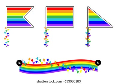 Set of icons of flags with a rainbow coloring. Multicolored hearts twist the flagpole. Icons for the social network. My life my rules. Lesbians and gays. LGBT sign.