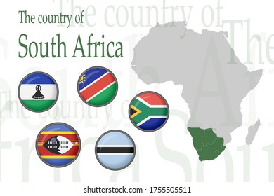 Set of icons for flags of South African countries. Vector image of flags and maps of Africa on a white background.You can use it to create a website, print brochures, booklets, leaflets, travel guides