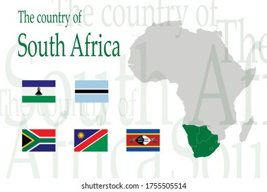 Set of icons for flags of South African countries. Vector image of flags and maps of Africa on a white background.You can use it to create a website, print brochures, booklets, leaflets, travel guides