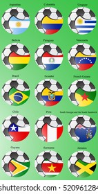 Set of icons. Flags of the South and Central America with soccer ball.  