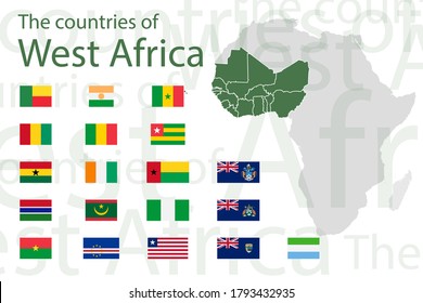 Set of icons for flags of West Africa. Vector image of flags and maps of Africa on a white background. You can use it to create a website, print brochures, booklets, flyers, and travel guides.