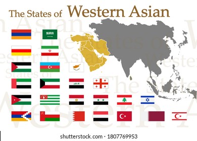 Un conjunto de íconos para banderas de países de Asia Occidental. Imagen vectorial de banderas y mapas de Asia en un fondo blanco. Puede utilizarlo para crear un sitio web, imprimir folletos, folletos, folletos, guías de viaje