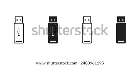 A set of icons of flash drive, flash disk, USB drive symbols, isolated on a white background.