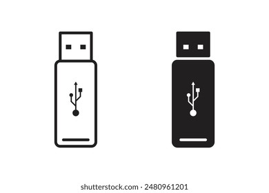 A set of icons of a flash drive, USB flash drive, flash drive, black and white isolated on a white background.