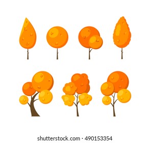 Set of icons flat autumn trees isolated on white background. Elements of autumn forest trees, park or garden for city decoration. Natural objects for the game. Vector illustration.