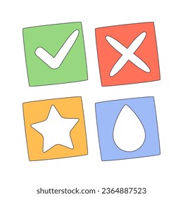 Set of icons flat cartoon green tick, yellow stars, blue water drops and red cross. Vector illustration. Ui interface icons flat set