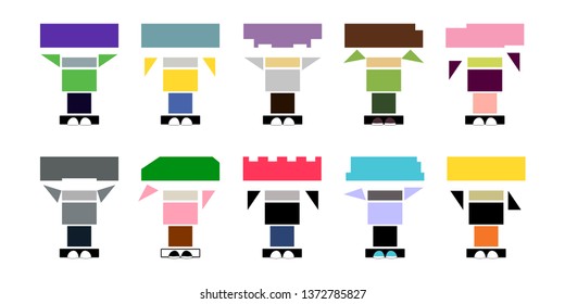 Set of icons flat color robots in sneakers in move on the white background; vector