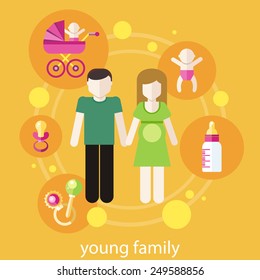 Set of icons in flat design around lovely young family