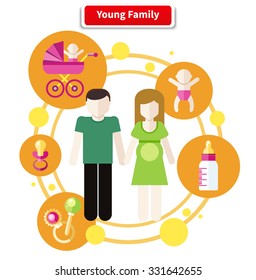 Set of icons in flat design around lovely young family. Father, mother, baby