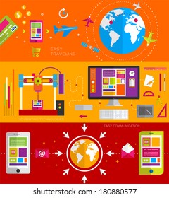 Set of icons. Flat Design. Mobile Phones, Tablet PC, Web and Apps vector icons. Marketing and Time Management Services Illustrations. Digital Art. Responsive internet advertising and pay templates.