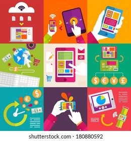 Set of icons. Flat Design. Mobile Phones, Tablet PC, Web and Apps vector icons. Marketing and Time Management Services Illustrations. Digital Art. Responsive internet advertising and pay templates.